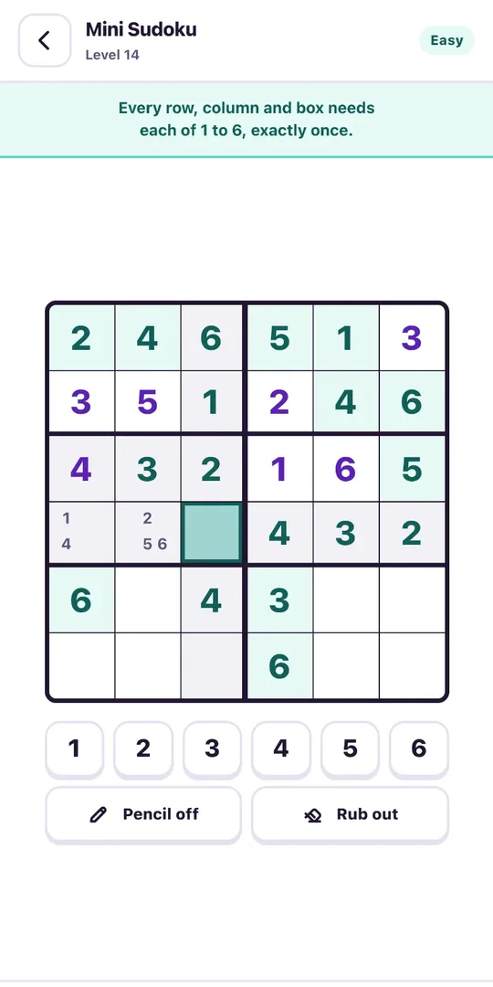 A six by six mini sudoku with pencil marks