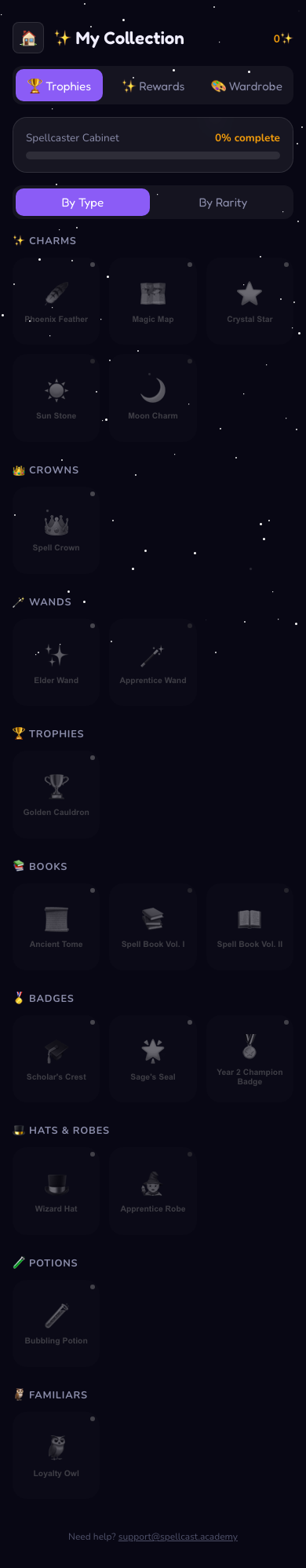 SpellCast collection page showing trophies, wands, and badges