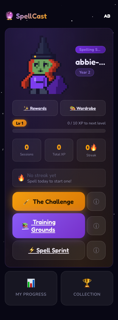 SpellCast home screen showing a witch character with spell points and session options