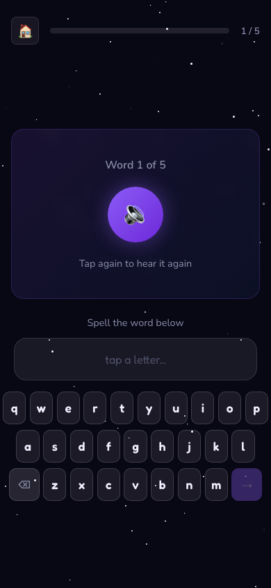 SpellCast spelling session with on-screen keyboard